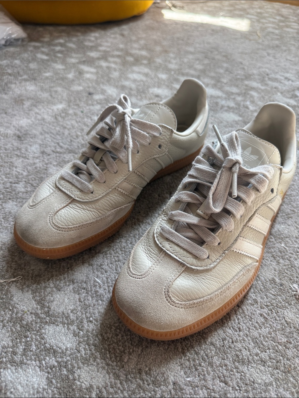 adidas women’s Light Beige/Tan Leather Sneakers with Gum Sole